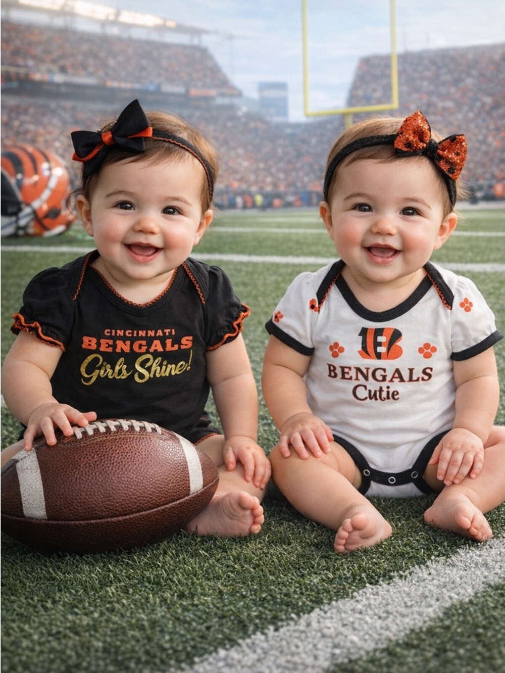 (2)Cincinnati Bengals Baby Onesie Set - Black & White with Orange Accents Unisex - Picture 2 of 7